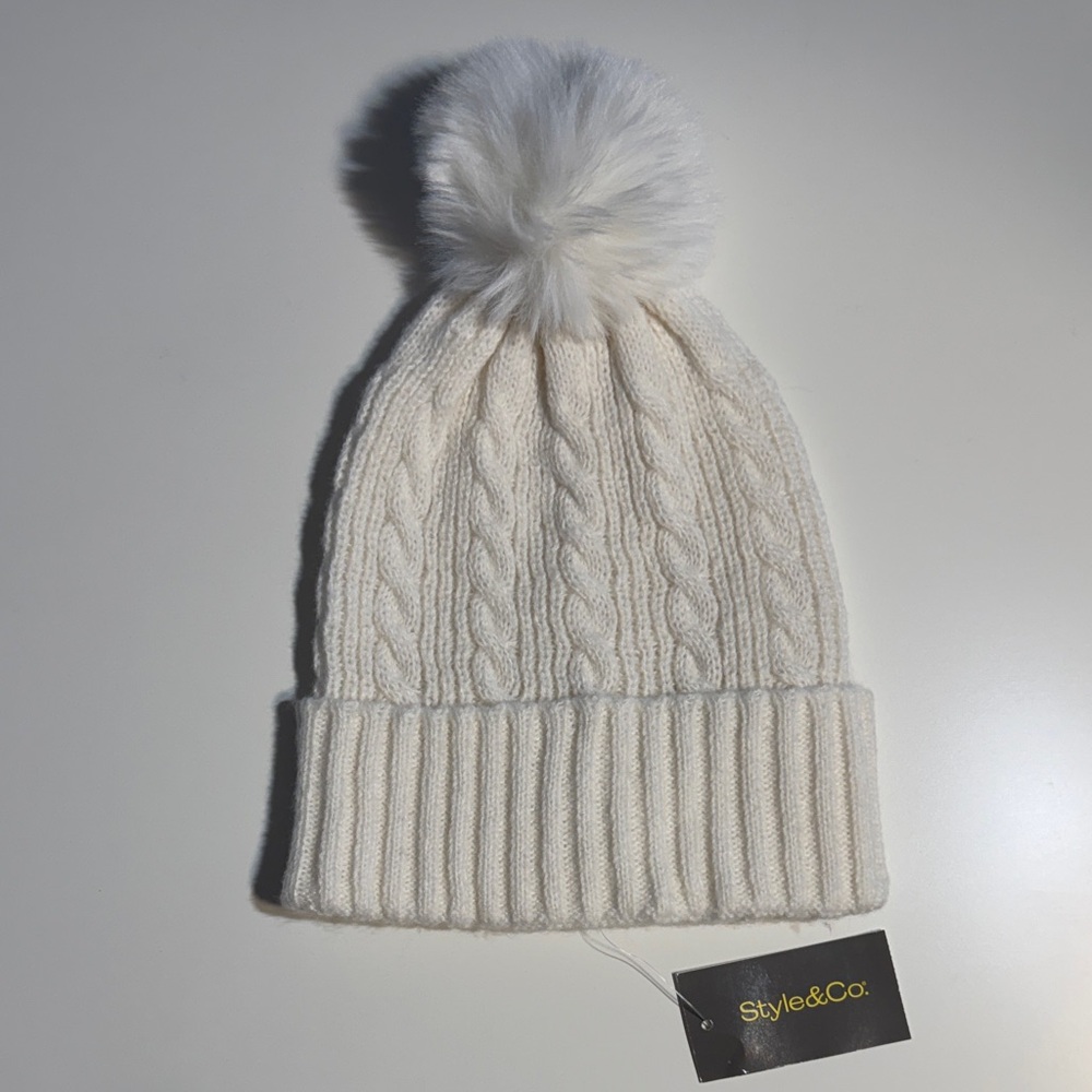 Style & Co. Ivory Cable Knit Beanie with Pom-Pom